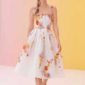 Zimmermann Postcard Floral-Appliqued Linen-Silk Midi Dress SIZE 3